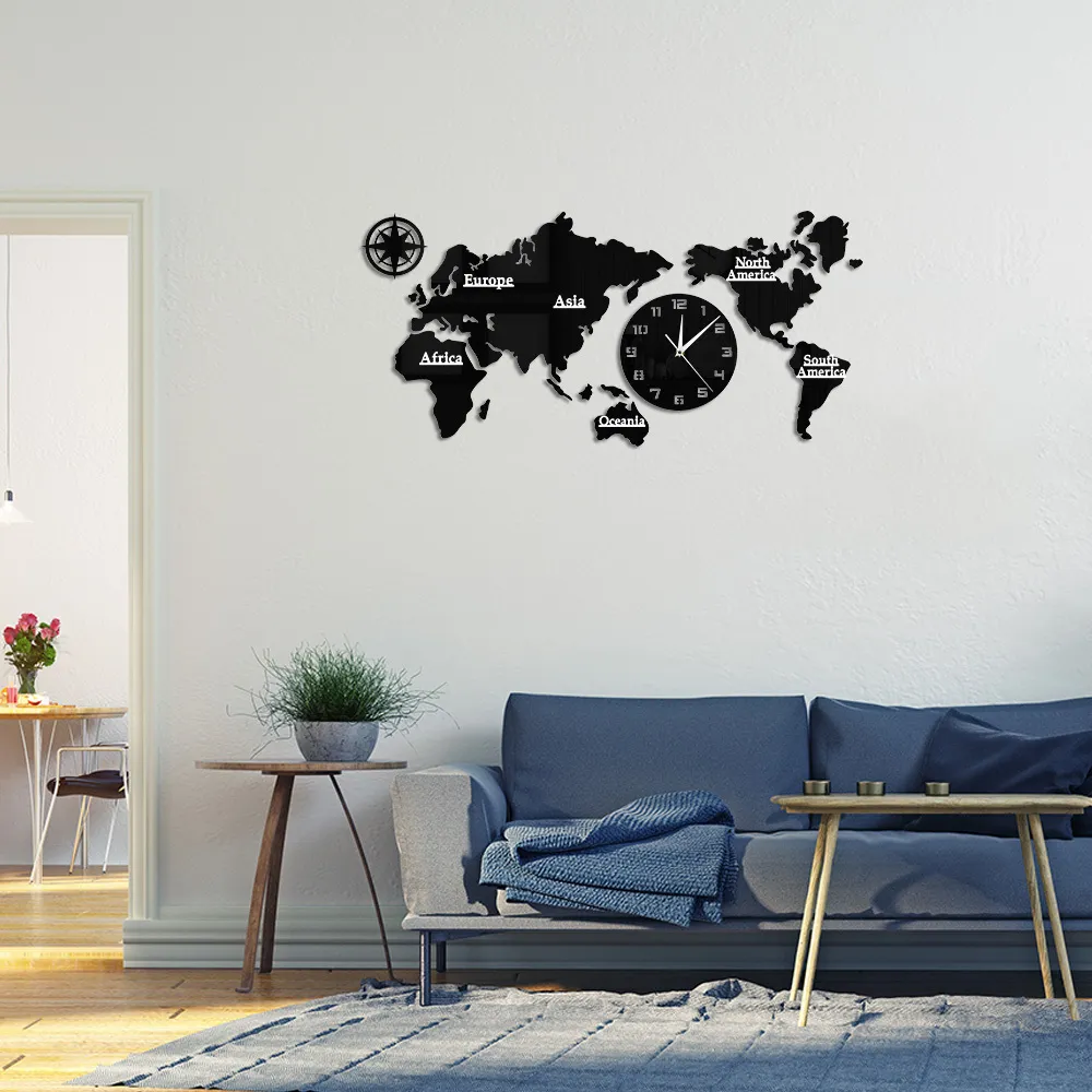 خريطة العالم الحديثة ديكور المنزل ساعة كبيرة صامتة غير تداعج ووتش مكتب الجغرافيا جدار الفن سفر هدية فكرة 210325
