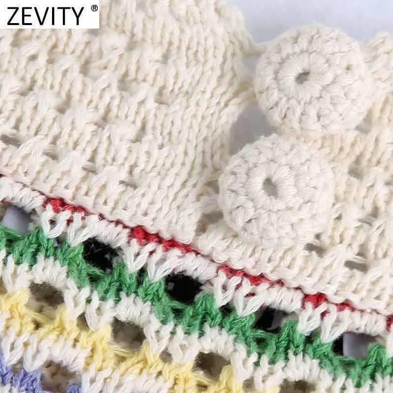 Zevity Women Stand Collar Rainbow Striped Casual Jacquard Knitting Sweater Female Chic Short Sleeve Pullovers Hollow Tops SW804 210806