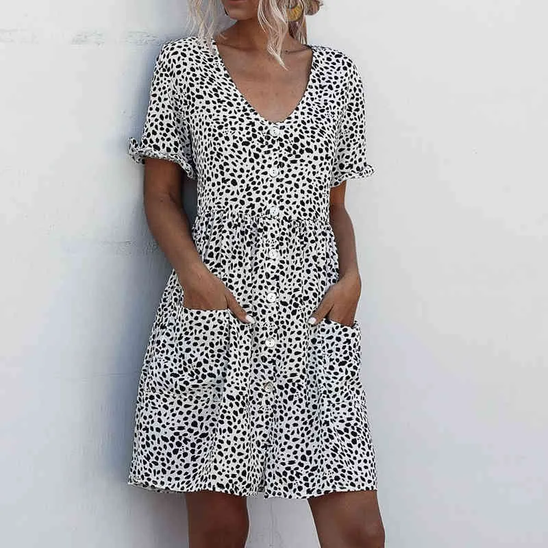 Kleid Sommer Casual Kleid Kurzarm Leopard weiß schwarz Druck Breasted Tasche für frauen vestidos de fiesta 210508