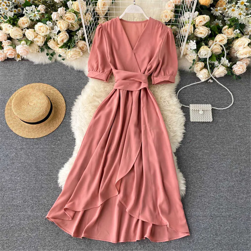 Mulheres Verão Midi Francês Vestido 2021 Doce V-Neck Slow Sleeve Cintura Alta Elegante Mulher Vestidos Fêmea Roupas Ano Novo Adopo Y0603