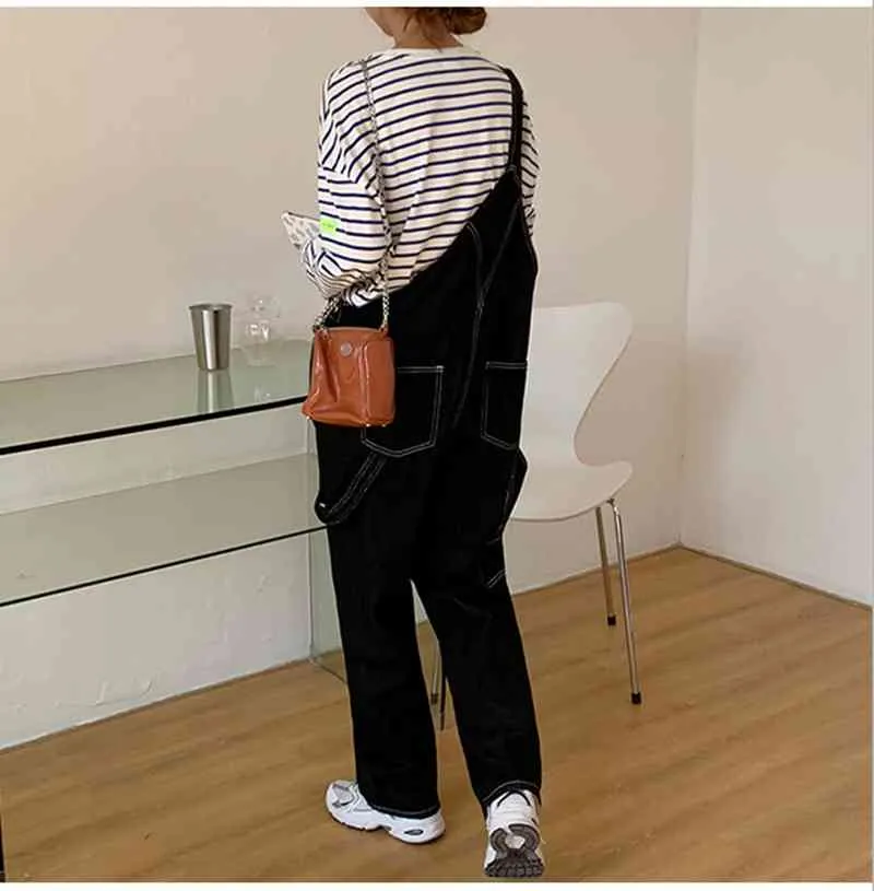 QOOD Damesriem Jeans High-Taille Koreaanse stijl Losse Casual Slimming Rechte Big Pocket Wide-Poot Overalls Broeken QT521 210518