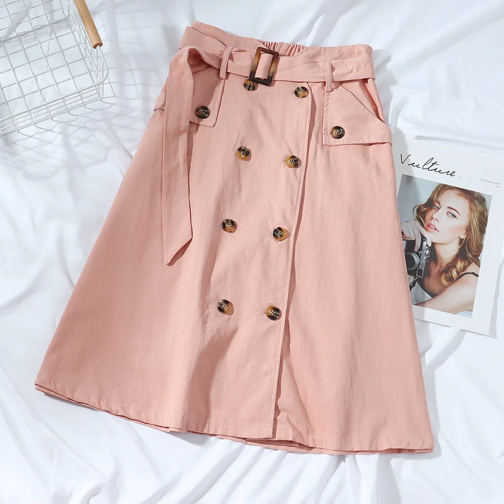 High Waist button Flower Bud Single-Breasted Midi skirt women Spring Summer Women's Bow pocket Lace-up Skirt with belt 210514