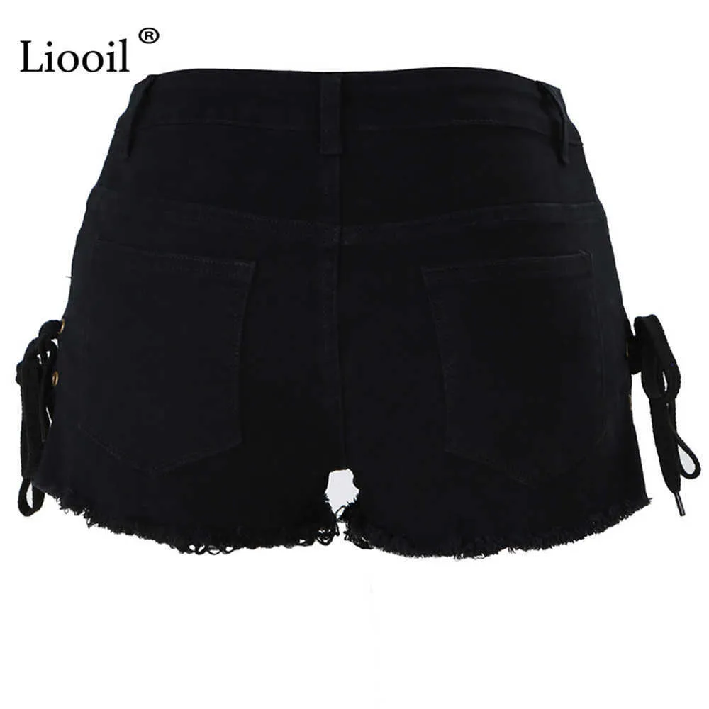 Liooil Tassel Denim Shorts Dames Zomer Mid Taille Katoen Sexy Rave Jean Short Lace Up Hollow Out Black White Jeans 210719