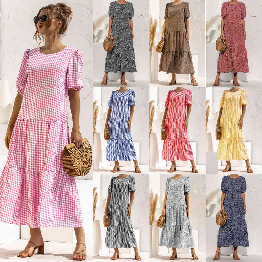 Letnia sukienka Kobiety Casual Puff Rękaw Puff Różowy Plaid Drukowane Sundress Luźne Plisowane Sukienki Mid-Cielskie Femme Party Wakacje Szaty 210521