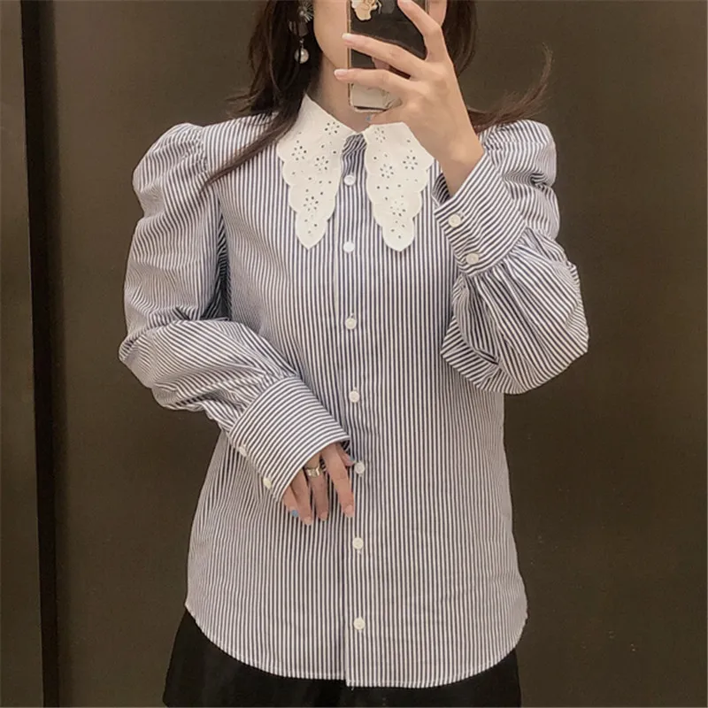 BLSQR Mode Aushöhlen Revers Lose Blusen Frauen Vintage Langarm Button-up Weibliche Shirts Blusas Chic Streifen Tops 210430