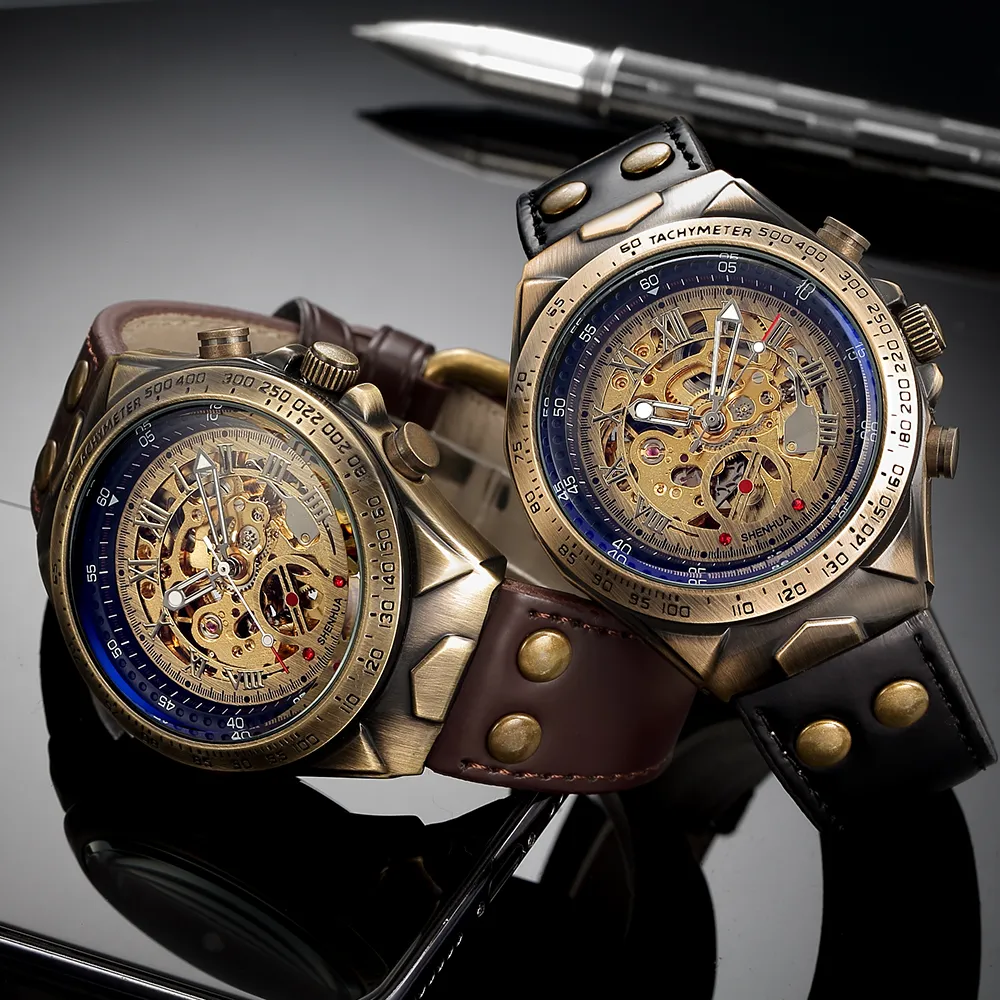 Lederen Mechanisch Horloge Mannen Automatische Steampunk Horloge Heren Skeleton Horloges Brons Transparant Vintage Sport Horloge Male3366