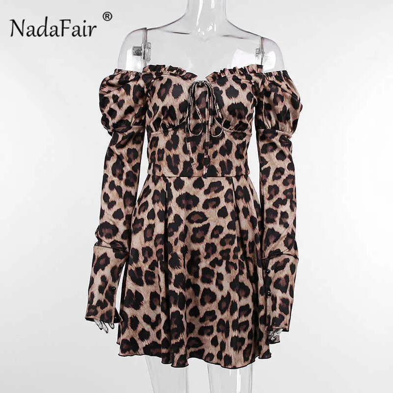 Nadafair léopard manches bouffantes Mini épaules dénudées Sexy femmes robe à manches longues automne plissé imprimé Animal Vintage robe de soirée Y1006