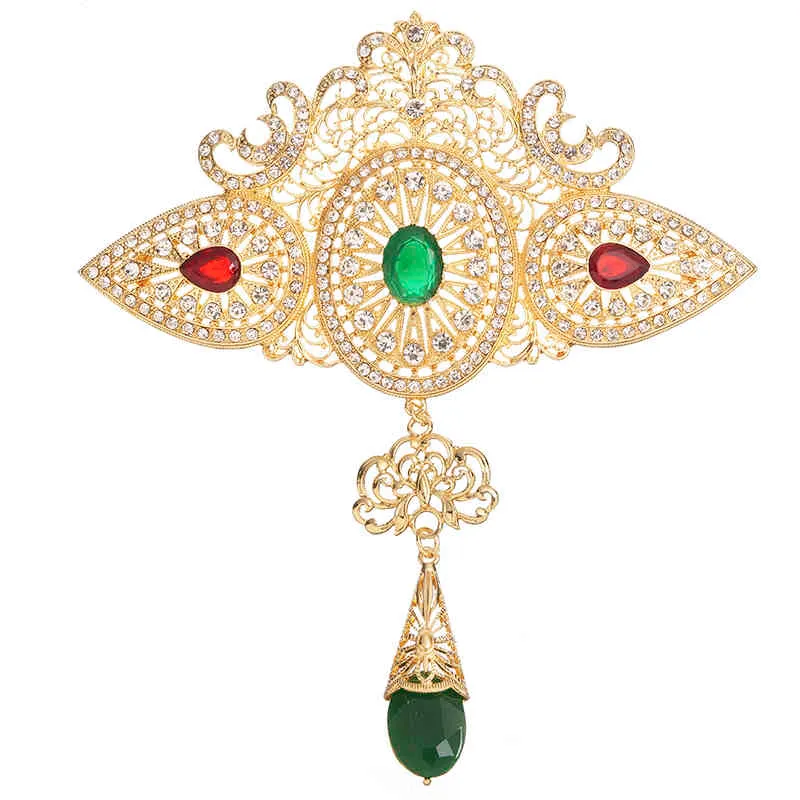 Große ausgehöhlte Brosche im marokkanischen Stil mit klassischem Goldkristall und arabischem Hochzeitsschmuck mit Strasssteinen