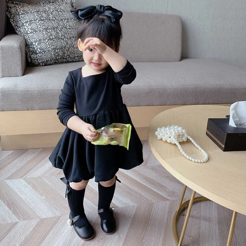 Girls Dress Autumn Winter Korean Style Baby Kids Square Neck Black Party Cute Children Clothing Princess 210625