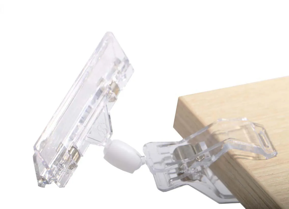 Kunststoff-Merchandise-Zeichen drehbarer Pop-Display-Swivel-Cliphalter Klar-Doppelklemme für den Einzelhandel, Körbe, Karten