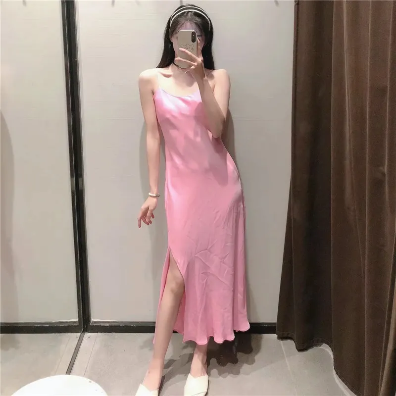 Vestido Mujer Rosa Camisola Satén Largo es Mujer Verano Sin Espalda Slip Sexy Party es Ladies Slit Midi 210519