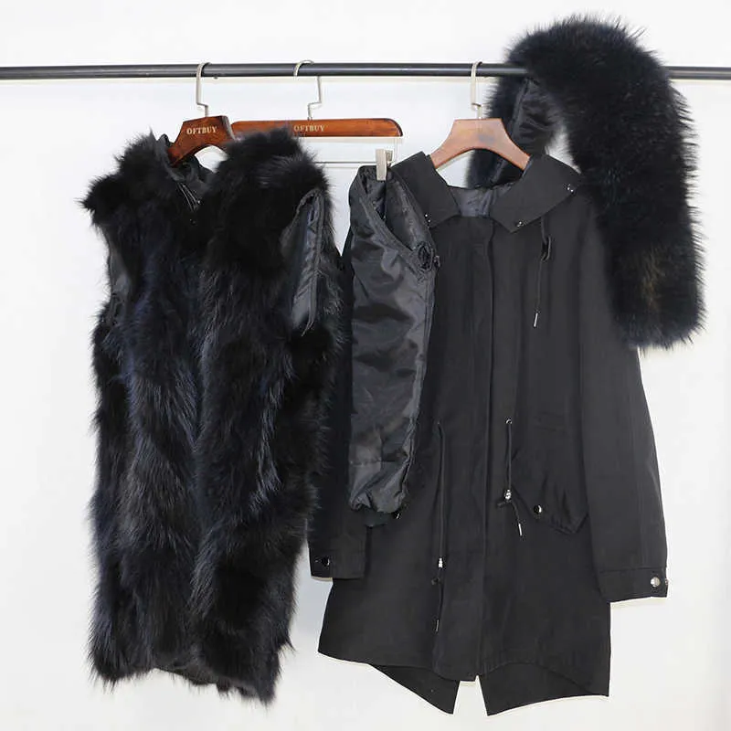 Real Fur Coat Winter Jacket Women Long Parka Waterproof Big Natural Raccoon Fur Collar Hood Thick Warm Real Fur Liner 211019