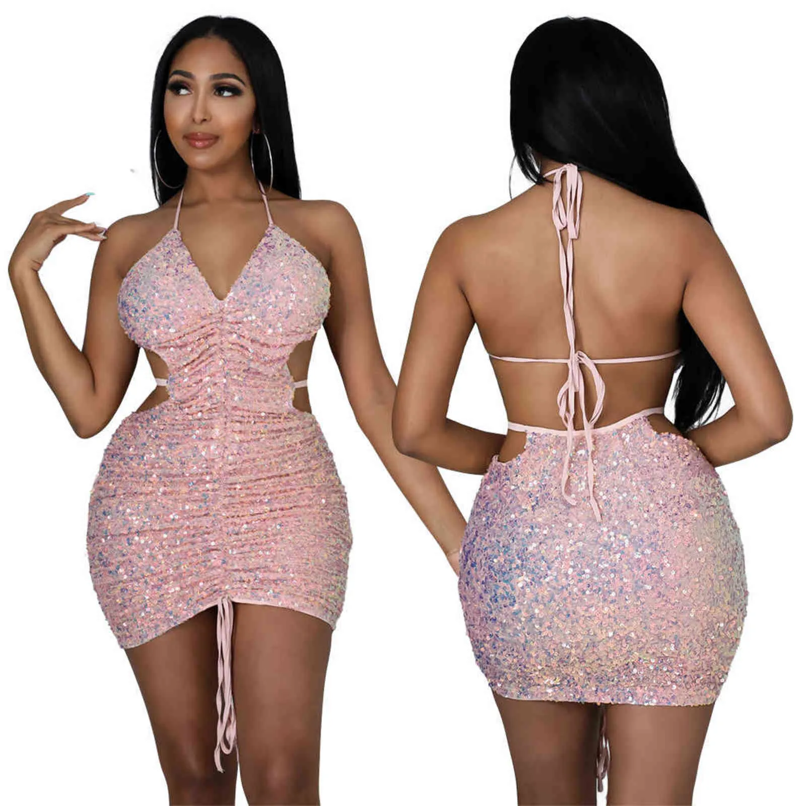 Sexy and Elegant Women's Sleeveless Backless Short Dress Fashion Sequined Solid Skinny Autumn Halter Lace Up Hip Mini 211115