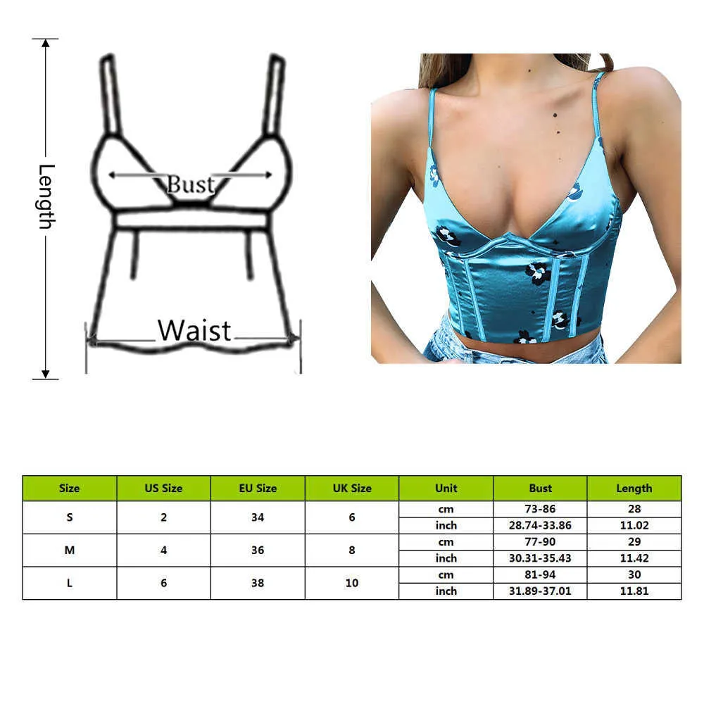 Sexy Staghetti V Pescoço Cetim Corset Top com tiras 2021 Verão Cópia Floral Roupa Azul Sem Mangas Clube Mulheres Crop Tops Y0622