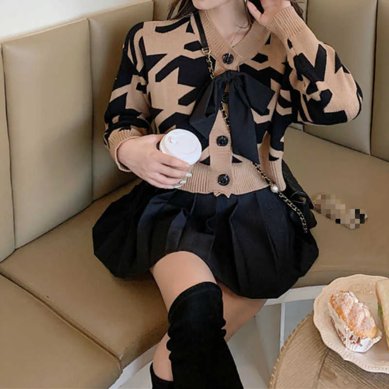 Ezgaga Bowknot Knit Cardigan Femmes Mode O-Cou Géométrique Outwear Automne Hiver Harajuku Crop Tops Pull coréen Femme 210922