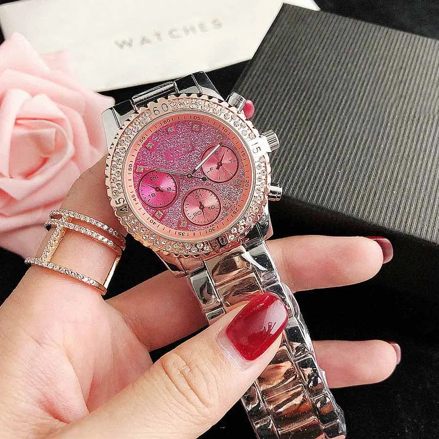 Orologi di marca Donna Ragazza Diamond Crystal 3 Quadranti Stile Metallo Cinturino in acciaio Orologio da polso al quarzo GS 44