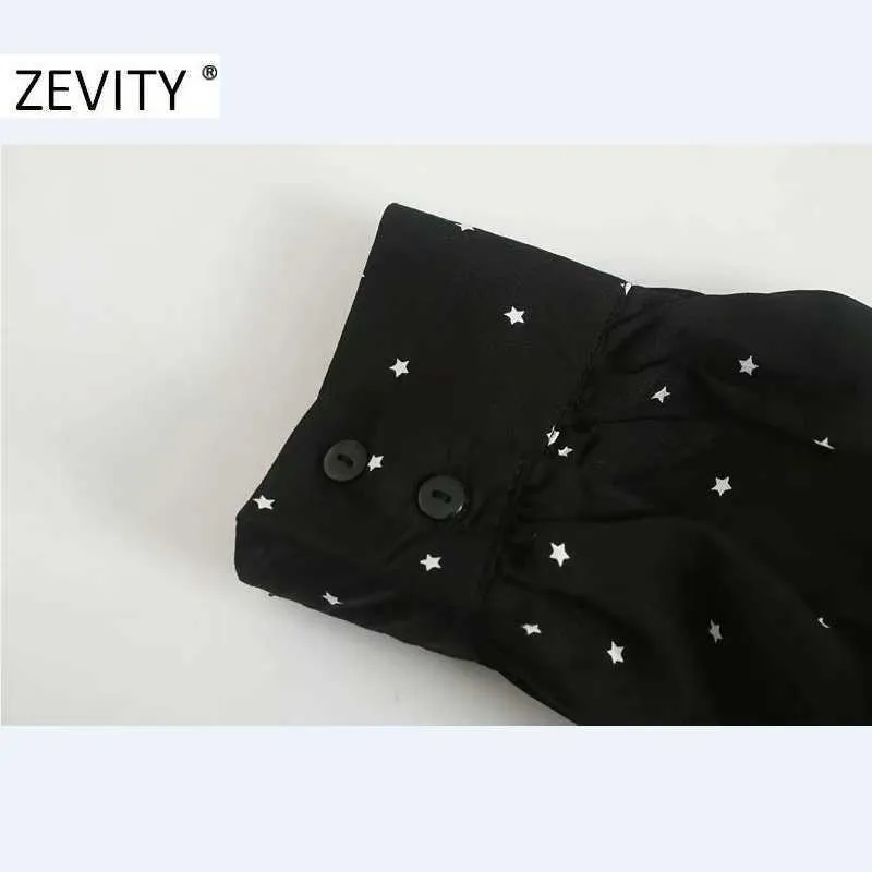 Zevity Moda Donna Colletto alla coreana Stelle Stampa Casual A Line Abito longuette Ufficio Donna Manica lunga Bottoni posteriori Vestido DS4582 210603