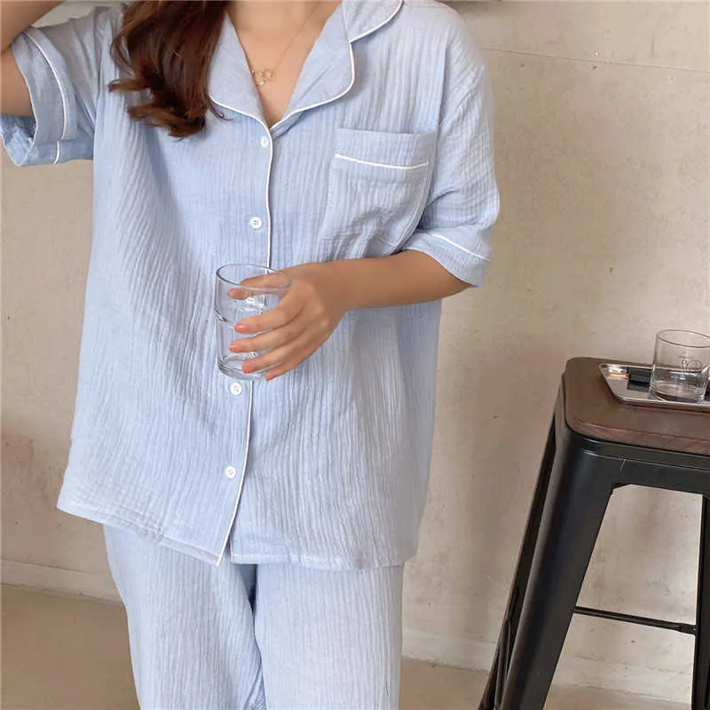 Bekväm bomull solid sommar casual sleepwear vintage kvinnor hem chic mode pyjamas kostymer set 210525