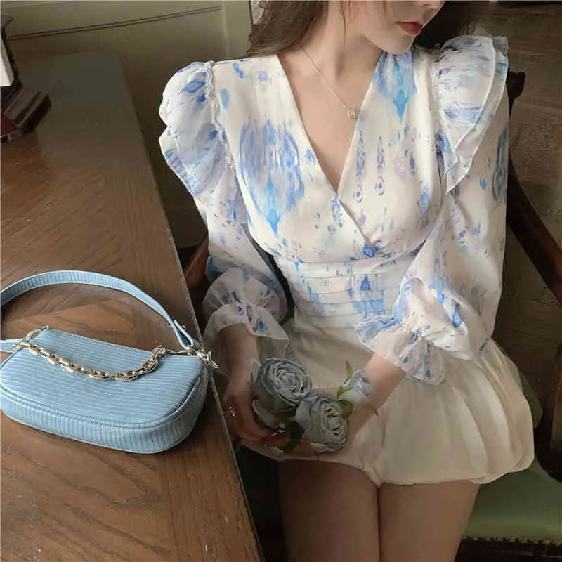 Ezgaga Floral Bluzka Kobiety Chic Latarnia Z Długim Rękawem V Neck Cienkie Lato Nowy Slim Szyfonowe Przeglądanie Retro Sexy Koszulki Koreańskie 210430