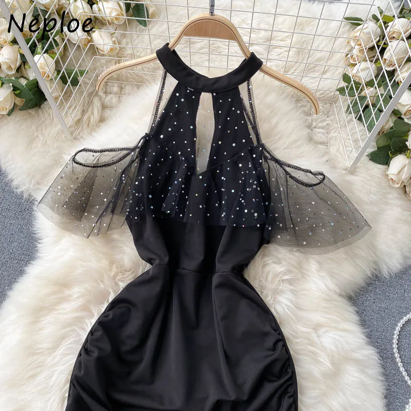 Neploe Mesh Sequined Patchwork Ruffles Party Dress Mujeres Cintura alta Hip Bodycon Vestidos Pullover manga corta Solid Robe Summer 210423