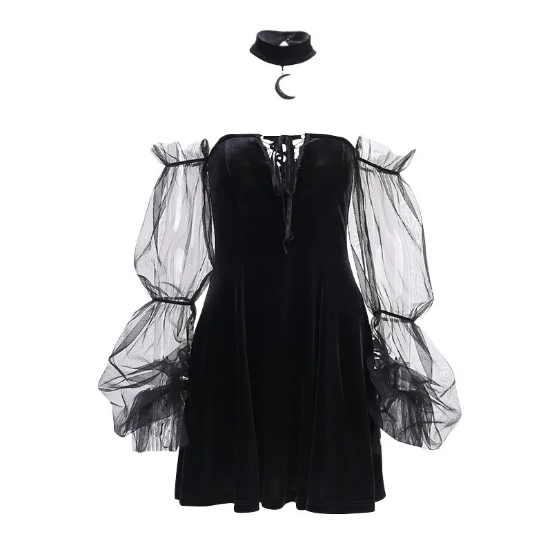 Kimutomo Kadınlar Gotik Seksi Elbise Vintage Kapalı Omuz Lanter Kollu Örgü Patchwork Kadife Koyu Sokak Siyah Mini Elbise 210521