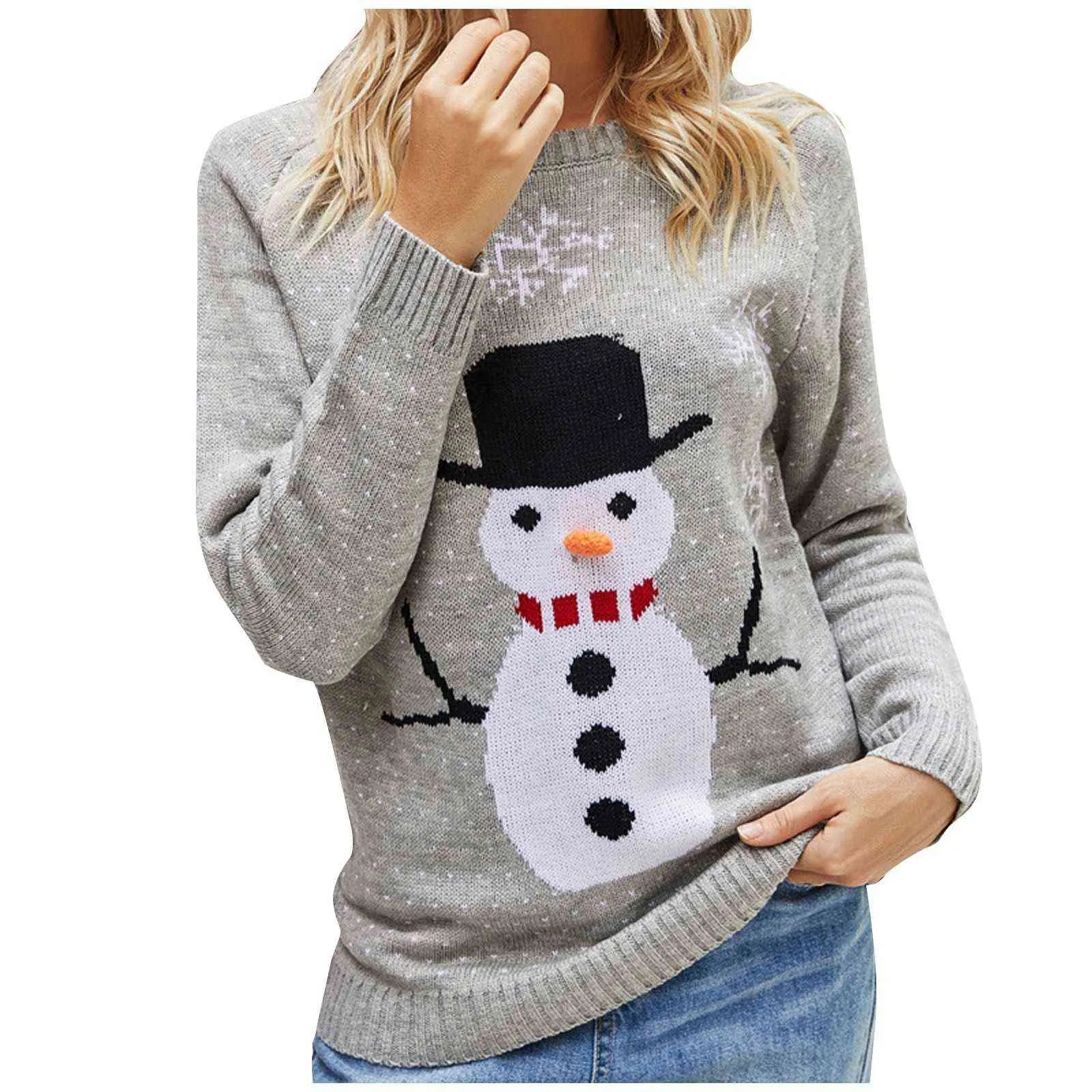 Women Sweaters Little Snowman Pattern Christmas Knitted Sweater Snowflake Round Neck Pullover Christmas Sweater Y1110