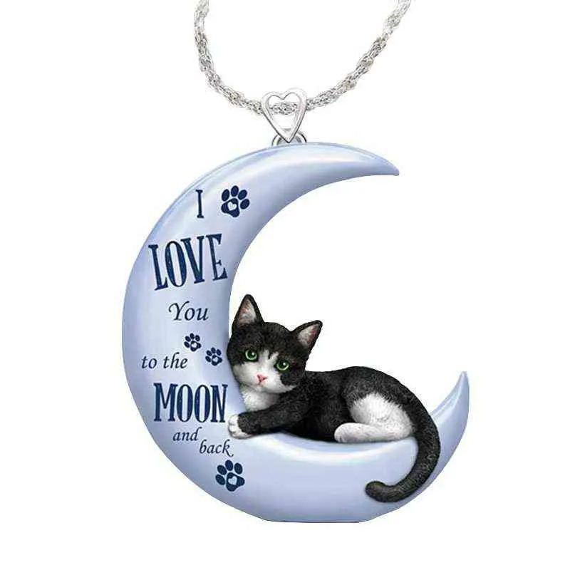 Exquisite Blue Moon Cat Pendant Necklace for Women Cute Crescent Pendant Necklace Wedding Engagement Jewelry Gift for Daughter G12231q