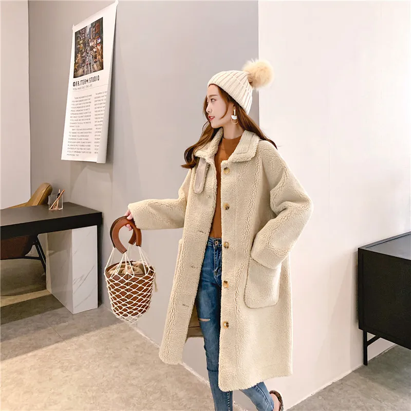 Winter Herbst Natürliche Echte Wolle Schafe Pelz Lange Mäntel Schlanke Echte Lamm Mantel Elegante Casual Jacke Outer 210427