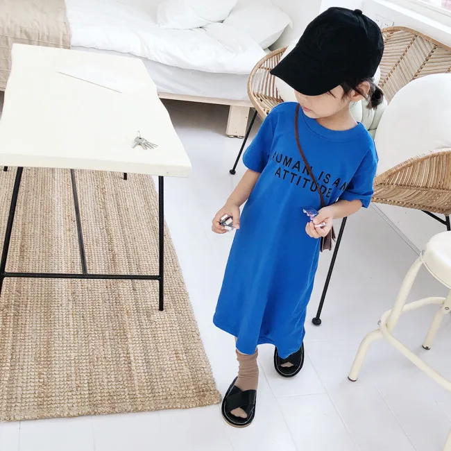 Korean style baby girls letters printed long T shirt dresses kids cotton casual clothes fashion children Backless Straight dress 210508
