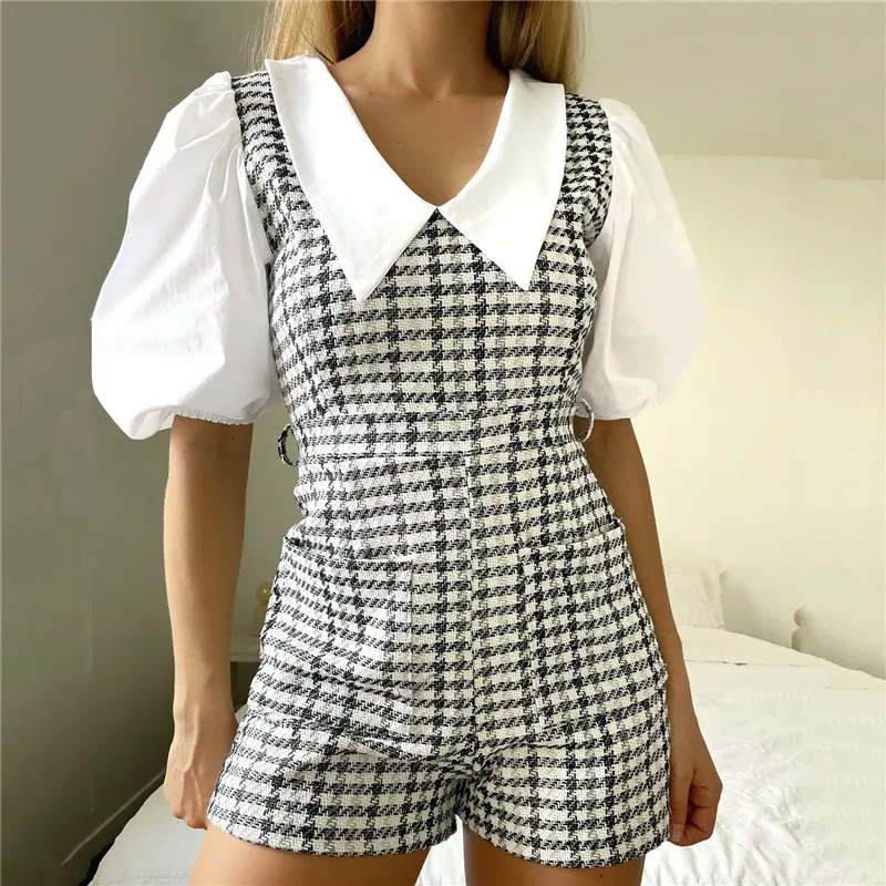 Kvinnor Mode med bälte Spliced ​​Tweed Playsuits Vintage Girls Puff Short Sleeve Back Zipper Jumpsuits 210430