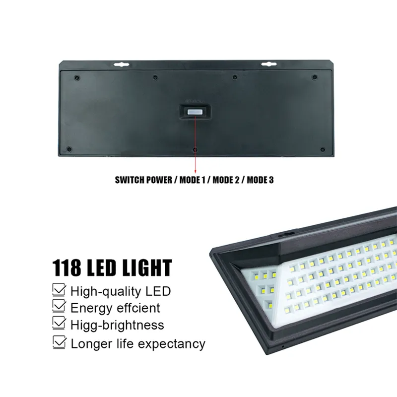 실외 태양 광 홍수 조명 벽 118 LED 모션 센서 광각 방수 야외 보안 조명 차고 안뜰 정원 DRIV250A