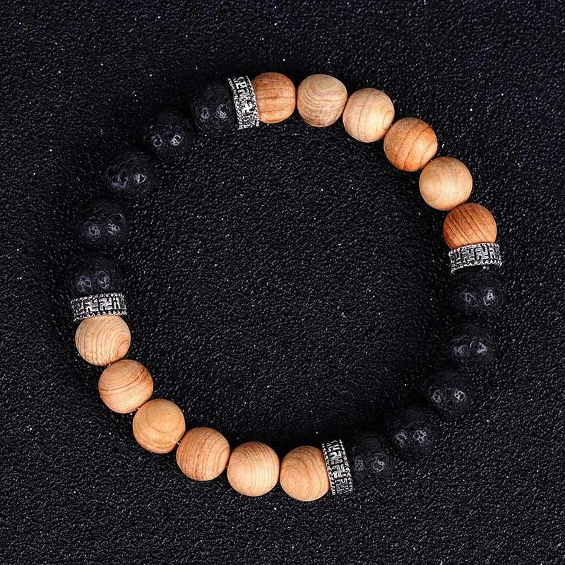 Bracelet en pierre naturelle craquelée avec perle de bois et diffuseur d'huile de roche de lave Style rétro Bracelets extensibles pour femmes brins de perles 223u