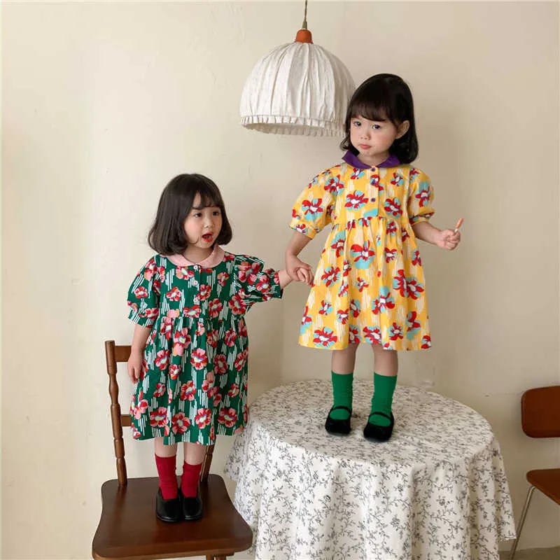 Корейский стиль ретро девушки цветочные печатные платья весна лето отлошают воротник детей повседневная короткая рукава платье 2-6Y 210615