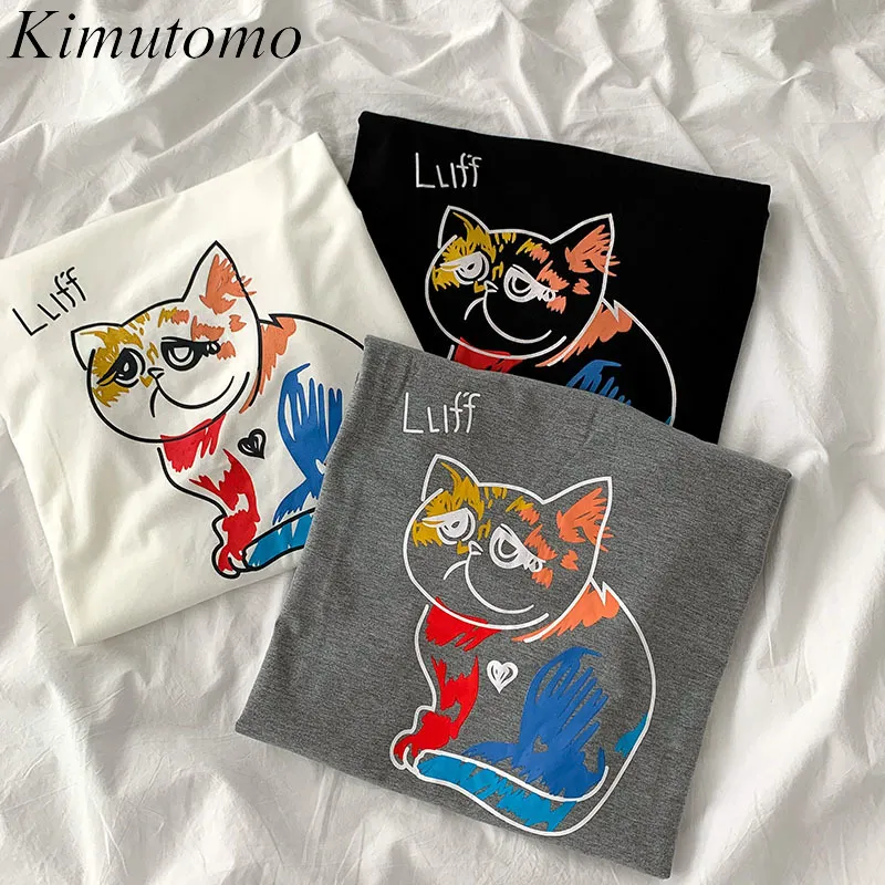 Kimutomo Cute Cartoon Printing T-shirt Kobiety Lato Koreański Mody Odzieżowa Kobieta O-Neck Krótki Rękaw Słodki Topy Casual 210521