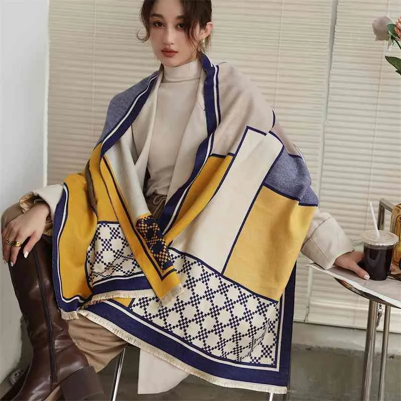 スカーフレディショールの女性のカシミアスカーフ冬の幾何学的な格子縞の印刷の厚い暖かいラップブランドの毛布パシミナケープスートル1