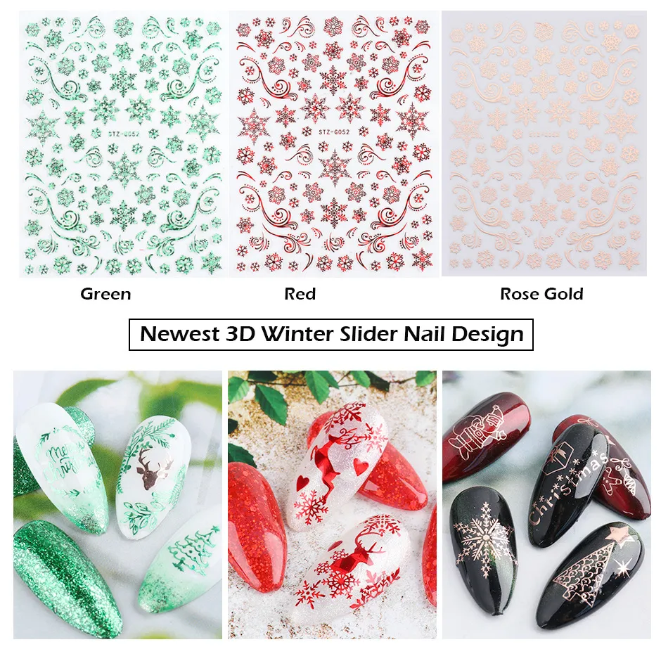 Noel Çivi Çıkartmalar Çıkartmaları 3D Gül Altın Kar Tanesi Elk Desen DIY Dekorasyon Nail Art Araçları Aksesuarları Kadınlar Kız Çocuklar Için