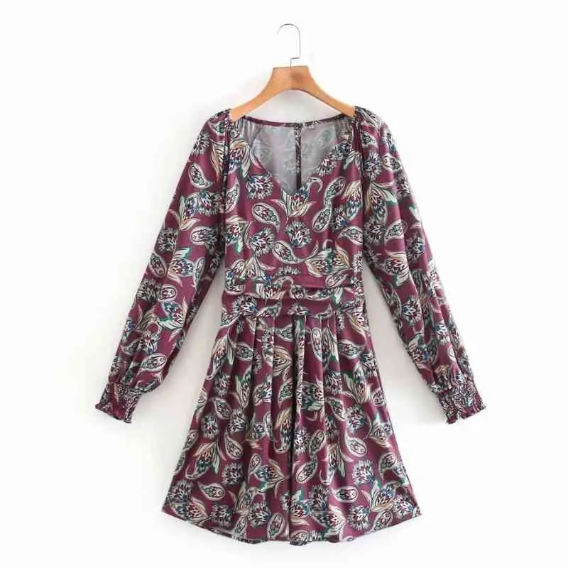 Women Vintage Cashew Printing V-Neck Slim Mini Dress Casual Femme Long Sleeve Clothes Vestido D6623 210430