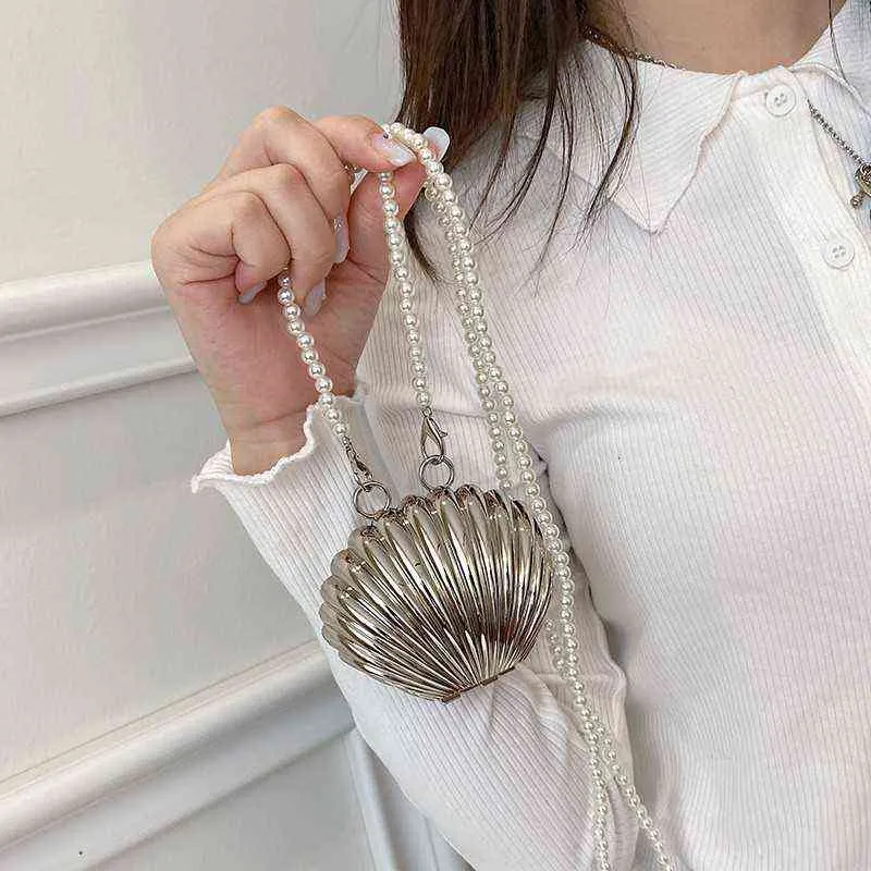 Shopping Bags Metallic Mini Shell Pearls Chains Shoulder Crossbody Luxury Small Lipstick Coins Purses Women's Designer Handbags 220303