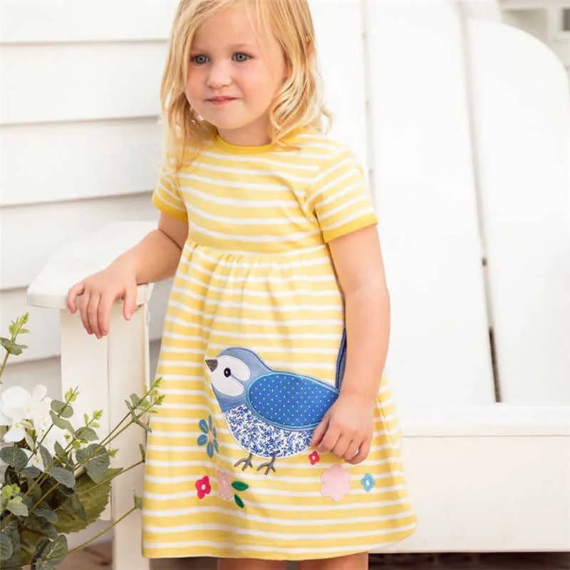 Prinsessan applique klänningar baby tjejer kläder sommar bomull stripe fågel flicka fest skola barn frock tutu klänning tjej 210529