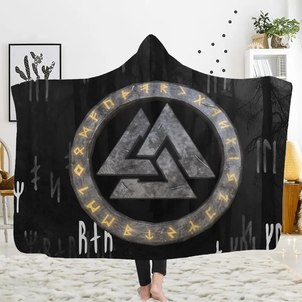 Customized 3D printed hooded blanket can be worn on flannel lamb cashmere cloak Viking totem theme Custom DIY Thin Quilt Sofa blan272A