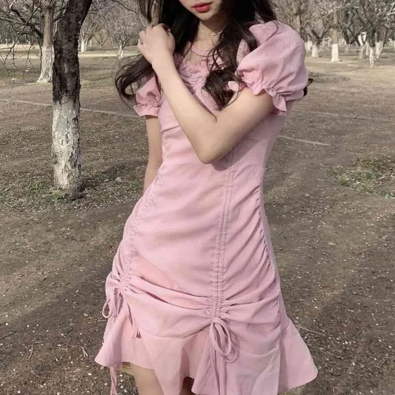 Ezgaga сексуальная корейская мода короткий слойный рукав мини платье женщин летом новый квадратный воротник шнурок сплошные корпусные платья Vestidos 210430
