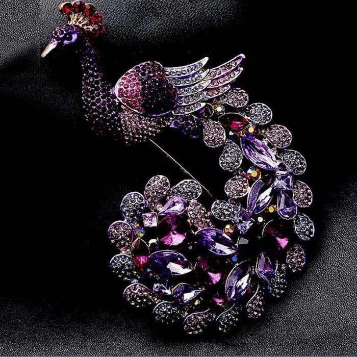 Duży Dla Kobiet Piękny Zwierząt ES Fioletowy Kryształ Rhinestone Peafowl Peacock Broszka Pin Ślubna panna młoda Dekoracja