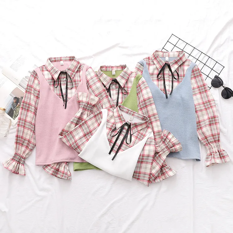 HSA Kvinnor Casual Blouses Flar Sleeve Plaid Spring Tops Outwear Bow Tie Pink Stick Vest Fake Koreanska Girls College 210430