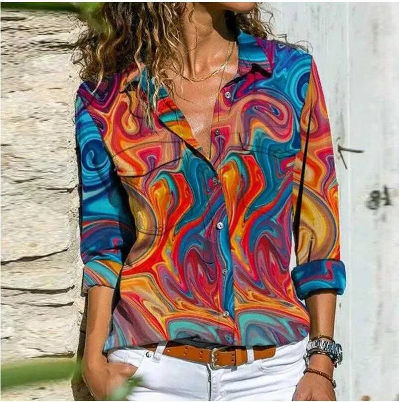 Vrouwen retro kleurrijke print knoppen blouse shirt herfst lange mouwen turn-down kraag dames top streetwear casual plus size blusa 210719