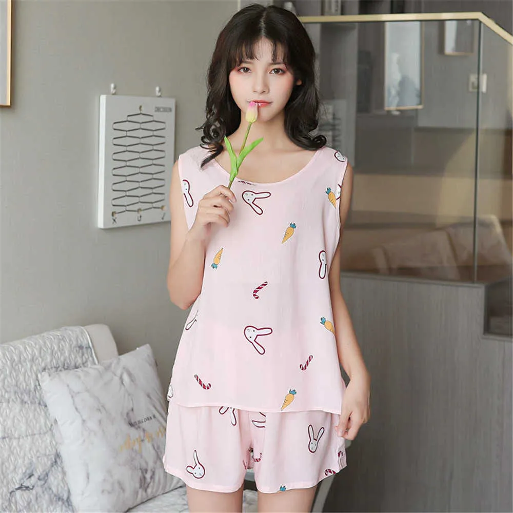 Letnie szorty bez rękawów Zestawy piżamów Kobiety śpiące Korea Sexy O-Neck Shorts Uczniowie śpiący śpiący kreskówka Pajama 210619