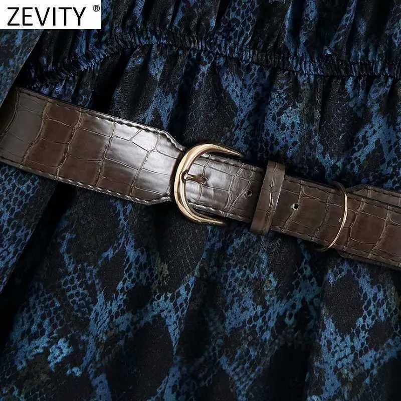 Zevenity Dames Vintage Leopard Print Sashes Midi Jurk Femme Lange Mouwen Plooien Ruches Casual A Line Vestido Chic Cloth D4857 210603