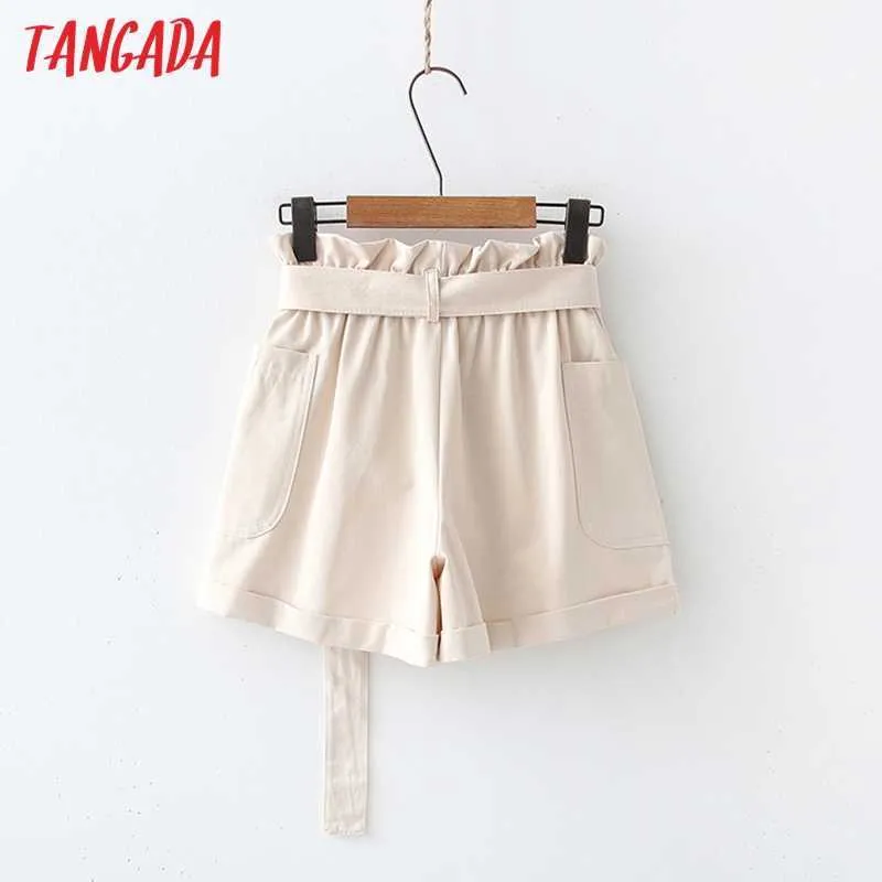 Tangada Summer Femmes Solides Shorts avec ceinture Vintage Haute taille élastique Femme Pantalon court de base 5N11 210609