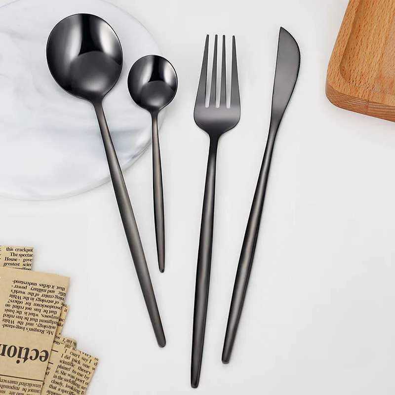 4 SZTUK Złoto Zestaw Obiadowy Zestaw Ze Stali Nierdzewnej Czarny Nóż Widelec Spoon Teaspoon Cutlery Kitchen Silverware 210928