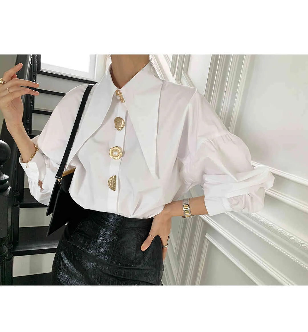 Weiß Koreanische Elegante Frauen Shirts Tops Volle Hülse Drehen-unten Kragen Tasten Blusen Büro Damen Mode Blusas Mujer 210513