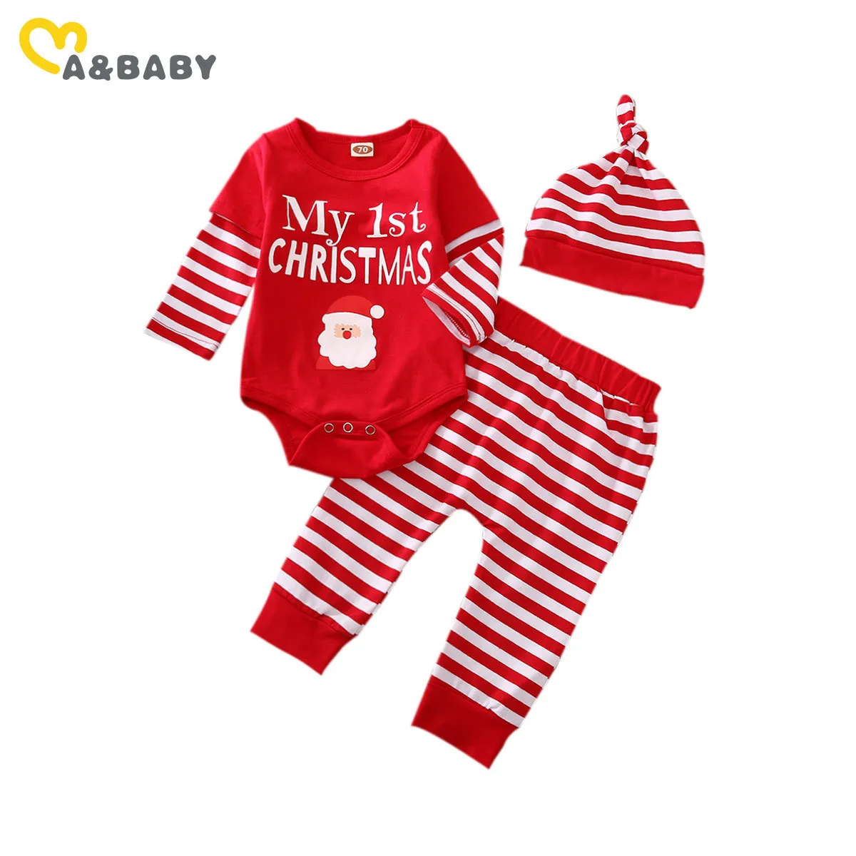 0-24M My 1st Christmas born Baby Boy Girl Red Clothes Set Cartoon Santa Letter Romper Striped Pants Hat Xmas outfits 210515